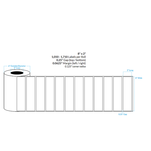 [103133-3X6-HGB-113-1000000] 8" x 2" HIGH GLOSS WHITE Polypropylene BOPP {ROUNDED CORNERS} Roll Labels (3"CORE/6"OD)