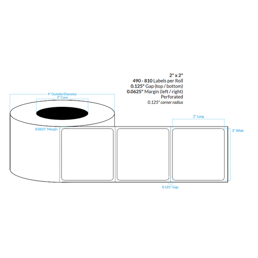 [101574-2X4-MWP-195-1000000] 2" x 2"  MATTE WHITE PAPER {ROUNDED CORNERS} PERFORATED Roll Labels  (2"CORE/4"OD)