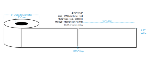 [102633-3X8-HGWP-110-1000000] 4.25" X 13" HIGH GLOSS WHITE Paper {SQUARE CORNERS} Roll Labels  (3"CORE/8"OD)