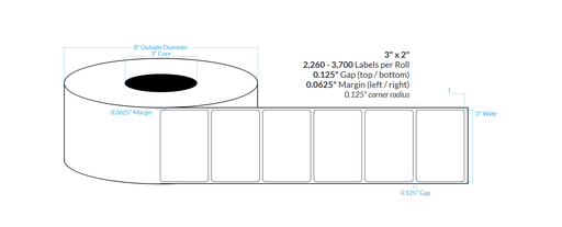 [100907-3X8-HGB-161-1000000] 3" x 2" HIGH GLOSS WHITE Polypropylene BOPP {ROUNDED CORNERS}  Roll Labels (3" Core/8" OD)