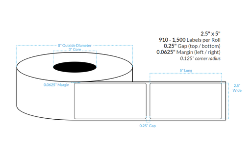 [100338-3X8-HGBET-184-1000000] 2.5" x 5" HIGH GLOSS WHITE Polypropylene BOPP EXTREME TACK {SQUARE CORNERS} Roll Labels  (3"CORE/8"OD)