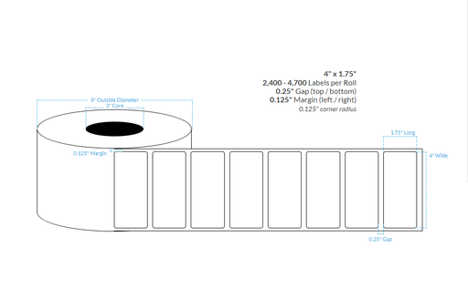 [100155-3X8-HGB-129-1000000] 4" X 1.75" HIGH GLOSS WHITE POLYPROPYLENE (BOPP) {ROUND CORNERS} Roll Labels  (3"CORE/8"OD)