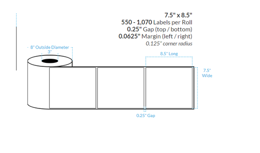 [100560-3X8-MWB-182-1000000] 7.5" X 8.5" MATTE WHITE Polypropylene BOPP {ROUNDED CORNERS} Roll Labels  (3"CORE/8"OD)