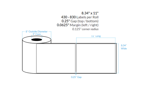 [103506-3X8-MWB-182-1000000] 8.34" X 11" MATTE WHITE Polypropylene BOPP {ROUNDED CORNERS} Roll Labels  (3"CORE/8"OD)