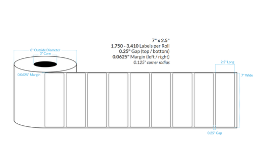 [101593-3X8-HGB-182-1000000] 7" x 2.5" HIGH GLOSS WHITE Polypropylene BOPP {ROUNDED CORNERS} Roll Labels  (3"CORE/8"OD)