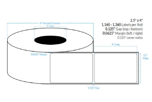 [100659-3X8-SaB-184-1000000] 2.5" x 4" SATIN Polypropylene BOPP {ROUNDED CORNERS} Roll Labels (3"CORE/8"OD)