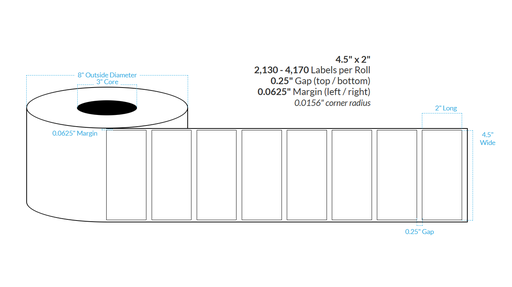 [101391-3X8-SaB-184-1000000] 4.5" x 2" SATIN Polypropylene BOPP {SQUARE CORNERS} Roll Labels  (3"CORE/8"OD)