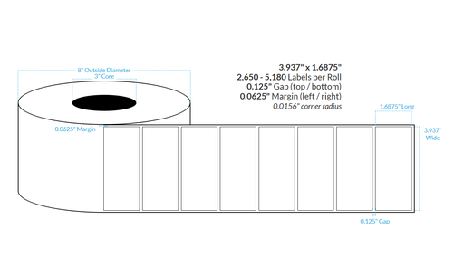 [100102-3X8-SaB-184-1000000] 3.937" x 1.6875" SATIN Polypropylene BOPP {SQUARE CORNERS} Roll Labels  (3"CORE/8"OD)