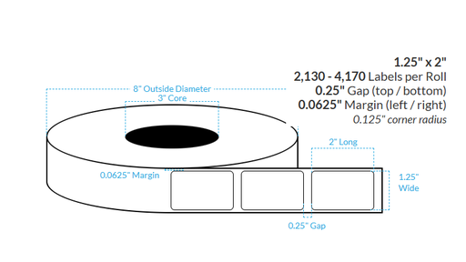 [100639-3X8-SaB-161-1000000] 1.25" x 2" SATIN Polypropylene BOPP {ROUNDED CORNERS} Roll Labels  (3"CORE/8"OD)