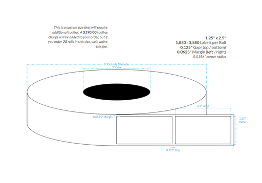[000000-3X8-SaB-161-1000000] 1.25" x 2.5" SATIN Polypropylene BOPP {SQUARE CORNERS} Roll Labels  (3"CORE/8"OD)
