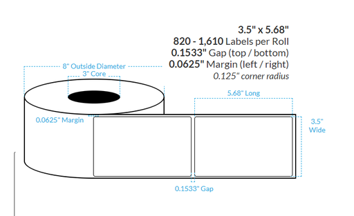 [000000-3X8-MWB-182-1000000-2] 3.5" x 5.68"  MATTE WHITE Polypropylene BOPP {ROUNDED CORNERS} Roll Labels (3"CORE/8"OD)