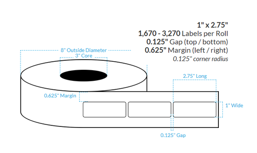 [103830-3X8-MWB-182-1000000] 1" X 2.75" MATTE Polypropylene BOPP {ROUNDED CORNERS} Roll Labels  (3"CORE/8"OD)