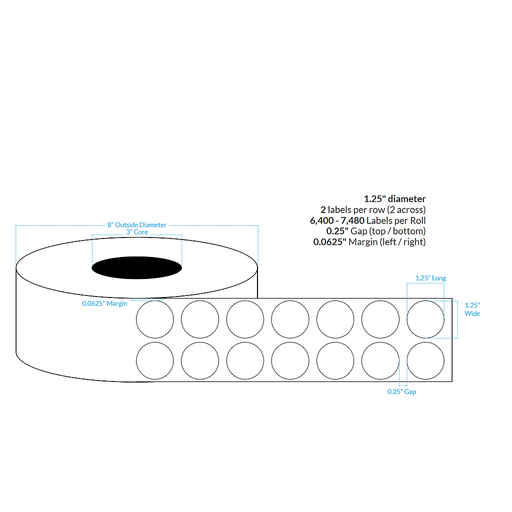 [100333-3X8-HGB-182-2110000] 1.25" 2 ACROSS HIGH GLOSS WHITE POLY (BOPP) {CIRCLE} Roll Labels (3"CORE/8"OD)