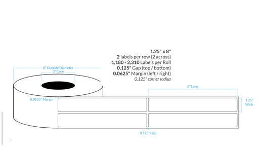 [100628-3X8-MW-129-2000000] 1.25" x 8" MATTE WHITE Polypropylene BOPP {ROUNDED CORNERS} Roll Labels  (3"CORE/8"OD)