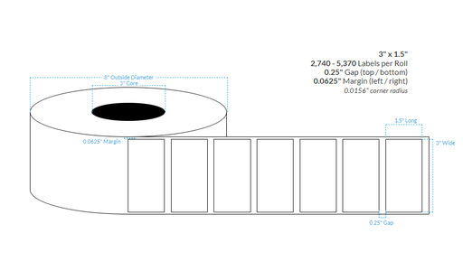 [101852-3X8-HGWP-129-1000000] 3" x 1.5" HIGH GLOSS WHITE PAPER {SQUARE CORNERS} Roll Labels (3" Core/8" OD)