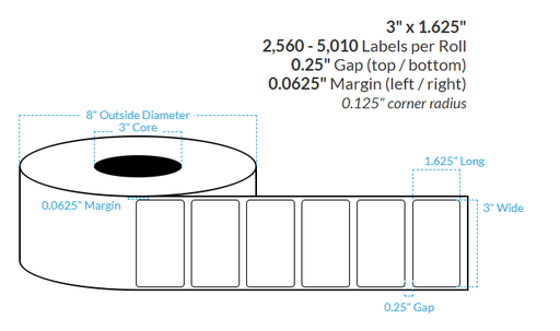 [CPET-3-1625-4190-3NP-TM] 3" x 1.625" LASER CLEAR PET {ROUNDED CORNERS} Roll Labels  (3"CORE/8"OD)
