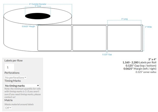 [100393-3X8-MWP-161-1000000] 3" X 4" MATTE WHITE PAPER {ROUND CORNERS} Roll Labels  (3"CORE/8"OD)