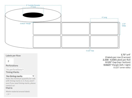 [100411-3X8-HGWP-129-2000000] 1.75" x 4" HIGH GLOSS WHITE PAPER {ROUNDS CORNERS} Roll Labels  (3"CORE/8"OD)