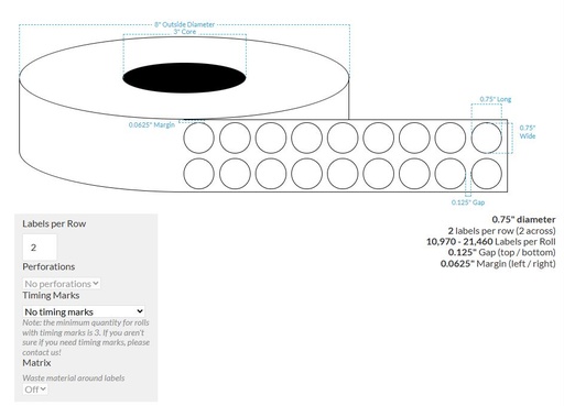 [100640-3X8-MWP-161-2000000] .75" MATTE WHITE PAPER {2-ACROSS CIRCLE} Roll Labels (3"CORE/8"OD)
