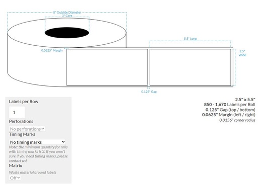 [102498-3X8-HGB-129-1000000] 2.5" x 5.5" HIGH GLOSS WHITE Polypropylene BOPP {RECTANGLE} Roll Labels (3"CORE/8"OD)