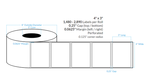 [105454-3X8-MWB-203-1000000-CA] 4" x 6" CANON LX-P5510 MATTE WHITE BOPP {ROUNDED CORNERS} PERFORATED Roll Labels  (3"CORE/8"OD)