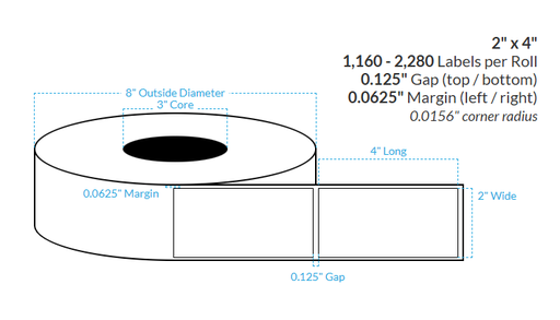 [102392-3X8-HGB-203-1000000] 2" x 4" CANON LX-P5510 HIGH GLOSS WHITE BOPP {SQUARE CORNERS} Roll Labels  (3"CORE/8"OD)
