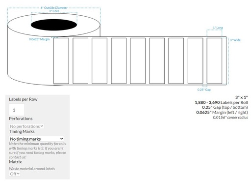 [101543-3X6-HGWP-149-1000000] 3" x 1" HIGH GLOSS WHITE Polypropylene BOPP {SQUARE CORNERS}  Roll Labels (3" Core/6" OD)
