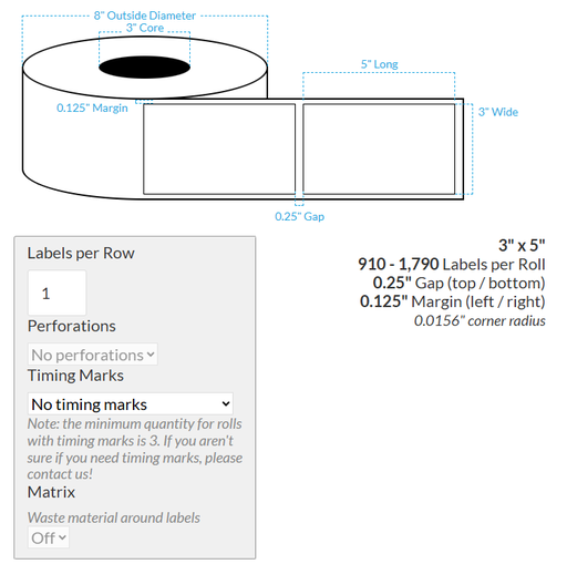 [101273-3X8-MWB5609-206-1000000] 3" X 5" MATTE WHITE BOPP (BS5609 CERTIFICATION) {RECTANGLE/SQUARE CORNERS} Blank Roll Labels  (3"CORE/8"OD)