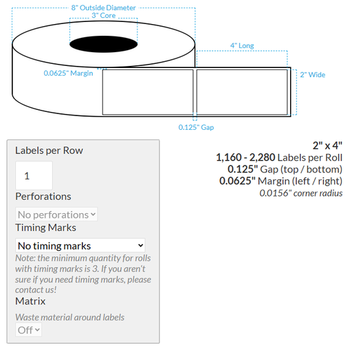 [102392-3X8-MWB5609-206-1000000] 2" X 4" MATTE WHITE BOPP (BS5609 CERTIFICATION) {RECTANGLE/SQUARE CORNERS} Blank Roll Labels  (3"CORE/8"OD)