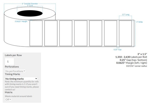 [101852-3X6-HGWP-149-1000000] 3" x 1.5" HIGH GLOSS WHITE PAPER {SQUARE CORNERS} Roll Labels (3"Core/6"OD)