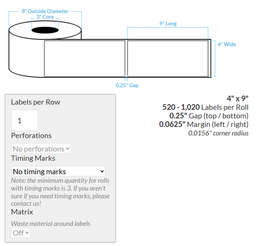 [102411-3X8-HGB-203-1000000] 4" x 9" CANON LX-P5510 HIGH GLOSS WHITE BOPP {RECTANGLE/SQUARE CORNERS} Roll Labels  (3"CORE/8"OD)
