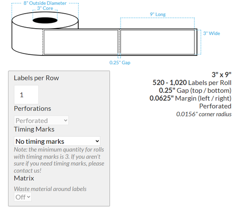 [105527-3X8-MK-203-1000000] 3" x 9" CANON LX-P5510 MATTE WHITE KIMDURA {RECTANGLE/SQUARE CORNERS} PERFORATED Roll Labels  (3"CORE/8"OD)
