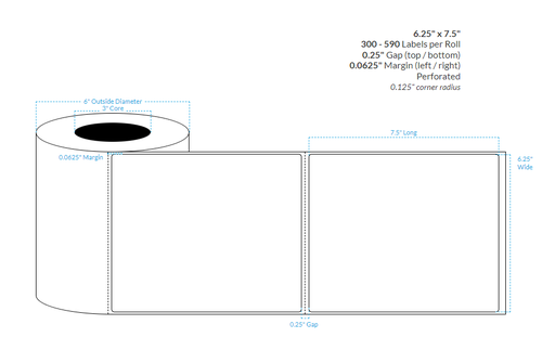 [103520-3X6-HGWP-177-1000000] PRIMERA 6.25" X 7.5" HIGH GLOSS WHITE PAPER {ROUND CORNERS} PERFORATED Roll Labels (3"CORE/6"OD) (PERFORATED)