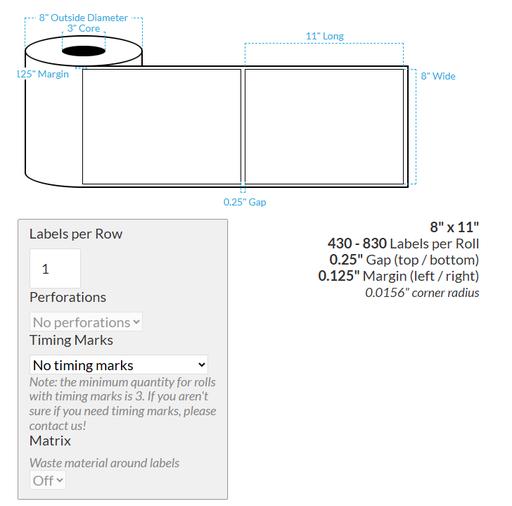 [103412-3X8-MWB-110-1000000] 8" x 11" VIPColor VP750 MATTE WHITE BOPP (RECTANGLE/SQUARE CORNERS) Roll Labels (3"CORE/8"OD)