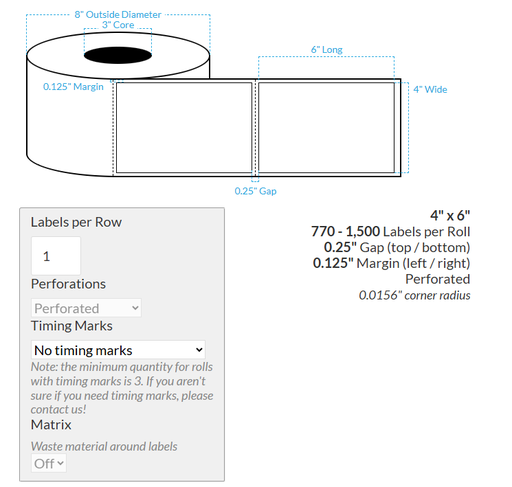 [105149-3X8-HGB-184-1000000] 4" x 6" VIPColor VP660 HIGH GLOSS WHITE BOPP (RECTANGLE/SQUARE CORNERS) PERFORATED Roll Labels (3"CORE/8"OD)