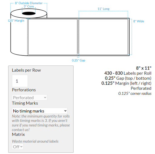 [104656-3X8-MWB-138-1000000] 8" x 11" VIPColor VP700 MATTE WHITE BOPP (ROUNDED CORNERS) PERFORATED Roll Labels (3"CORE/8"OD)