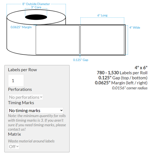 [102473-3X6-MWB-162-1000000] 4" x 6" VIPColor VP650 MATTE WHITE BOPP (RECTANGLE/SQUARE CORNERS) Roll Labels (3"CORE/8"OD)