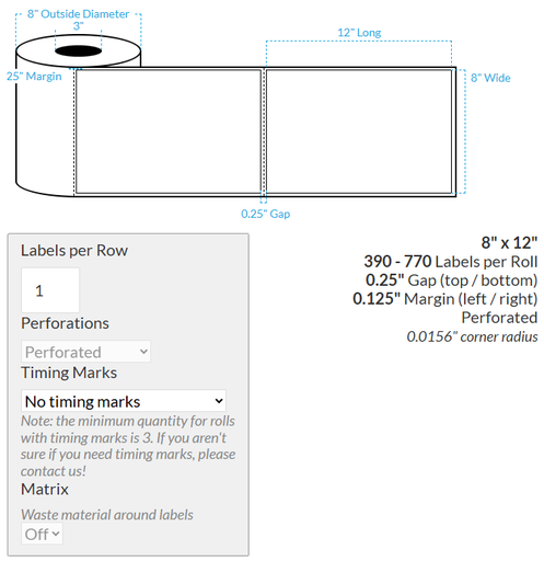 [101046-3X8-MWB-184-1000000] 8" x 12" VIPColor VP660 MATTE WHITE BOPP (RECTANGLE/SQUARE CORNERS) PERFORATED Roll Labels (3"CORE/8"OD)