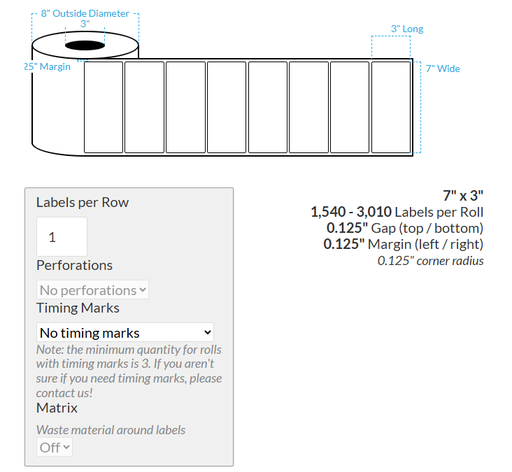 [100296-3X8-PHGWB-184-1000000] 7" x 3" VIPColor VP660 PREMIUM HIGH GLOSS WHITE BOPP (ROUNDED CORNERS) Roll Labels (3"CORE/8"OD)