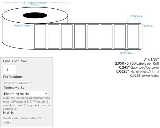 [103595-3X8-HGB-161-1000000] Roll Label: 3" x 1.38" High Gloss White Poly (BOPP) {ROUNDED CORNERS} Roll Labels (3"CORE/8"OD)