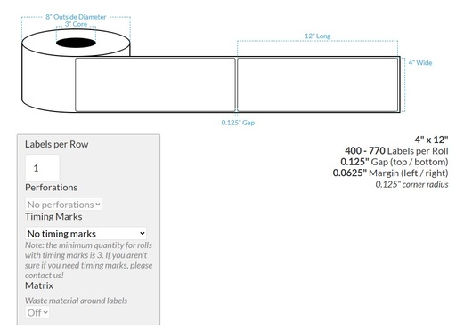 [105582-3X8-PHGWB-110-1000000] 4" x 12" PREMIUM HIGH GLOSS WHITE BOPP (RECTANGLE/SQUARE CORNERS) Roll Labels (3"CORE/8"OD)