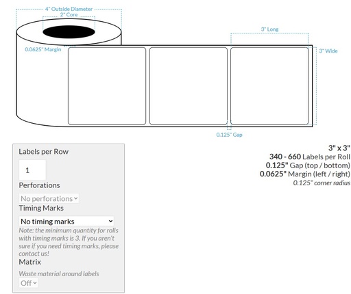 [100603-2X4-MWP-195-1000000] 3" X 3" MATTE WHITE PAPER {ROUNDED CORNERS} Roll Labels (2"CORE/4"OD)