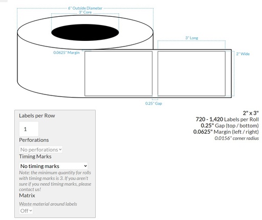 [104225-3X6-HGB-158-1000000] 2" x 3" HIGH GLOSS WHITE Polypropylene BOPP {SQAURE COPRNERS} Roll Labels (2"CORE/6"OD) PRIMARA LX600
