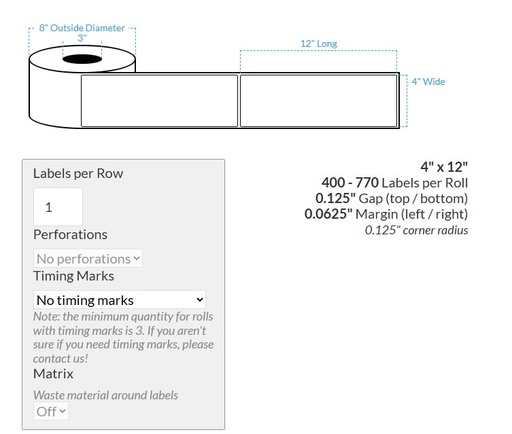 [105582-3X8-SGWP-110-1000000] 4" x 12" SEMI GLOSS WHITE PAPER {ROUNDED CORNERS} Roll Labels (3"CORE/8"OD)