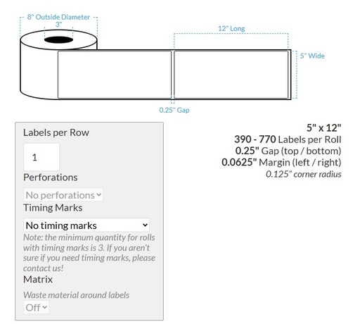 [101291-3X8-SGWP-110-1000000] 5" x 12" SEMI GLOSS WHITE PAPER {ROUNDED CORNERS} Roll Labels (3"CORE/8"OD)